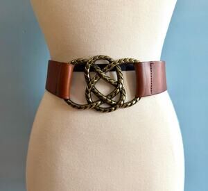Distressed Brown Leather Waist Belt w/Brass Rope Buckle sz XS/S